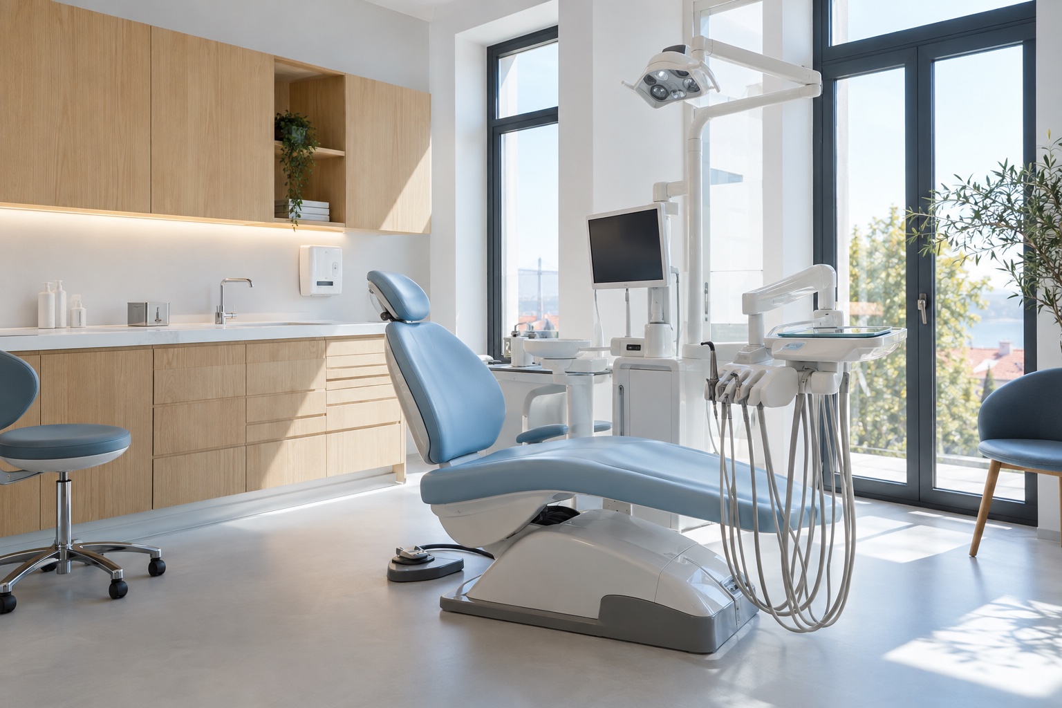 Imagen ilustrativa de una clínica dental luminosa con sillón azul y muebles de madera